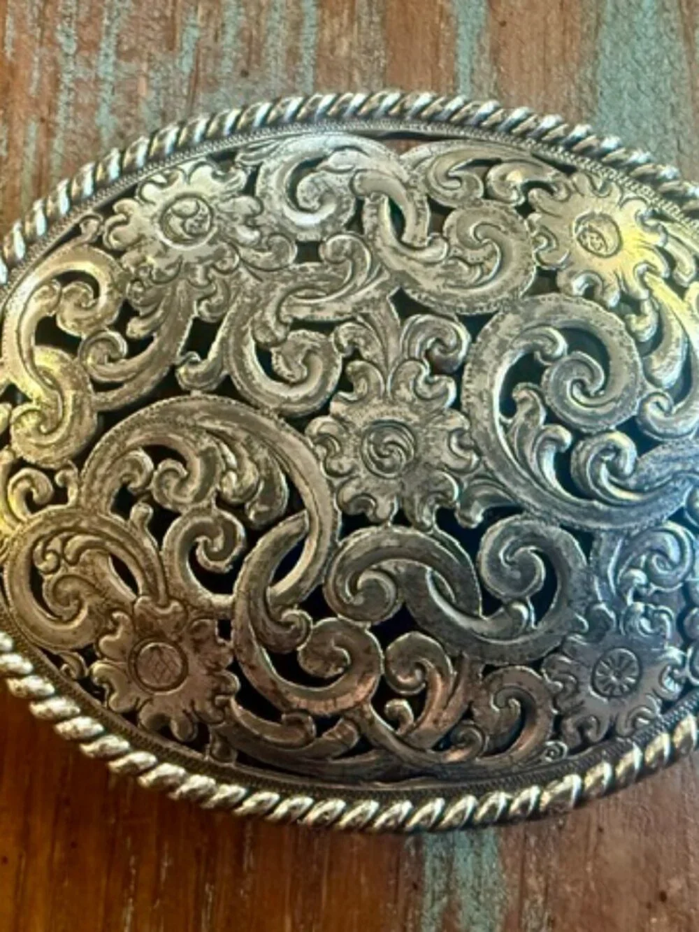 Tony Lama Black Pierced Filigree Leather Western Belt & Silver Buckle Sz 36